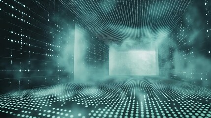 Abstract digital environment featuring glowing dots and lines forming a grid on walls, ceiling, and floor, generating a futuristic data tunnel with misty atmosphere