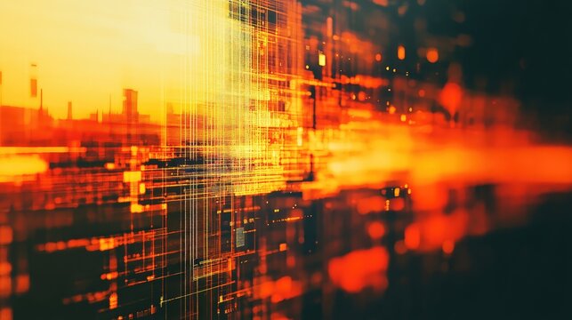 Modern digital grid lines illuminate a futuristic cityscape, visualizing complex data streams, connectivity, big data, and technological advancement in an urban environment - Powered by Adobe