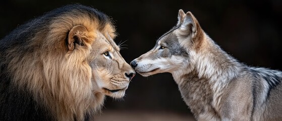 Fototapeta premium Majestic lion and elegant wolf gazing into each other's eyes, symbolizing love and unity in a darkened background
