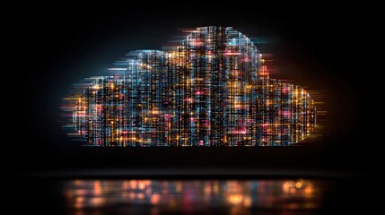 A digital representation of a cloud filled with colorful data streams, symbolizing cloud computing and technology.