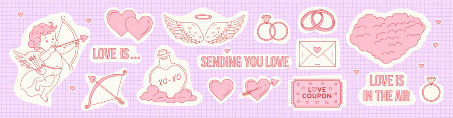 Happy Valentine's Day, cute love vector sticker set with hand-drawn doodle cupid, heart icons, wings, rings,messages. Pink and red creative design for web, graphic, digital greeting, romantic,playful 