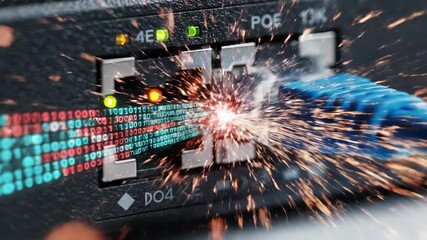 A vibrant display of sparks and smoke erupts from a network cable as data flows through. Watch the intense visual effects in this thrilling technological moment. - Powered by Adobe