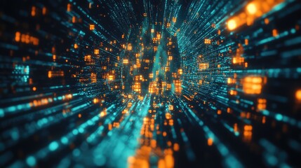 Glowing blue and orange particle streams race through a futuristic digital tunnel, visualizing big data, ai driven information flow and global network connectivity in cyberspace