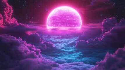 Obraz premium Glowing digital sphere casting vibrant pink and blue light over a dreamy cloudscape, creating a futuristic and otherworldly scene under a starry night sky