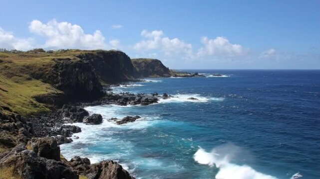 A breathtaking panoramic view captures the raw beauty of a rugged coastal landscape under a bright, clear blue sky adorned with fluffy white clouds. Powerful ocean waves relentlessly crash against dar