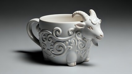 White ceramic goat-shaped mug with ornate swirl patterns, novelty drinkware for coffee tea, whimsical animal design cup on gray background.