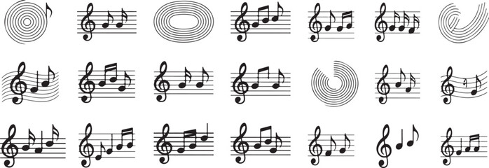 Music notes wave with melody rhythm patterns, flowing musical staff lines, notes and clefs in spiral, circular and wavy shapes. Vector set for elegant swirling music posters.eps