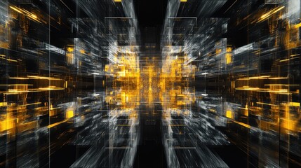 Abstract digital network with glowing golden elements representing a complex data structure and high speed information flow within a futuristic technological environment