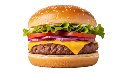 Deliciously prepared beef burger with fresh lettuce, ripe tomatoes, and red onion slices layered with melted cheese on a toasted bun