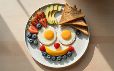 A cheerful breakfast food, a piece of bread, fried eggs & fruits plate with a smiling face on wooden table. Happy positive breakfast.