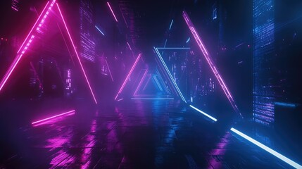 Abstract digital tunnel featuring multiple glowing neon light triangles in vibrant pink and blue, reflecting on a wet, dark surface with futuristic city background elements