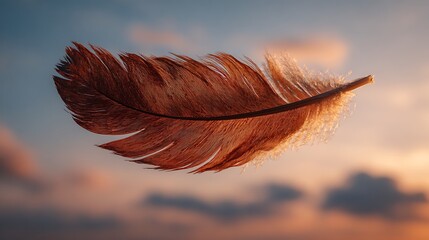 A beautiful close-up of a brown feather captured floating in the air against a colorful sunset background