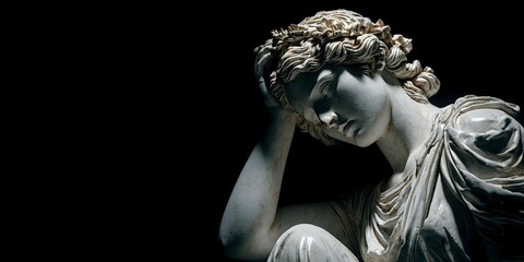 Classical marble statue of young man with curly hair in contemplative pose against dark background for artistic and educational projects.