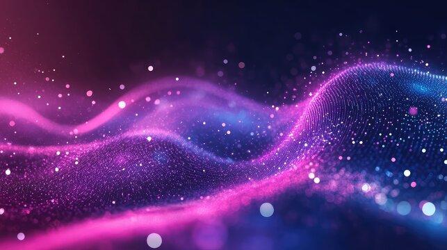 Wavy particle field illuminates abstract digital surface, merging pink and blue light points in a dynamic grid structure, symbolizing technological connection and data visualization