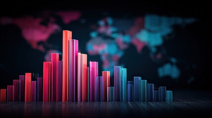A vibrant, abstract visualization of bar charts displaying data against a world map backdrop, symbolizing analytics and global insights.