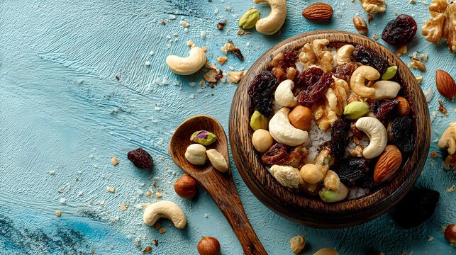 Mixed nuts and dried fruits in wooden bowl on rustic blue background. Healthy snacking, organic food ingredients for cooking and baking recipes.