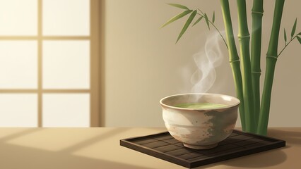 Steaming green tea bowl on a bamboo mat near a window