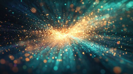 Obraz premium Vibrant light particles exploding outwards from a central point, forming a dynamic radial burst of golden and teal energy against a dark background, symbolizing innovation and digital connection