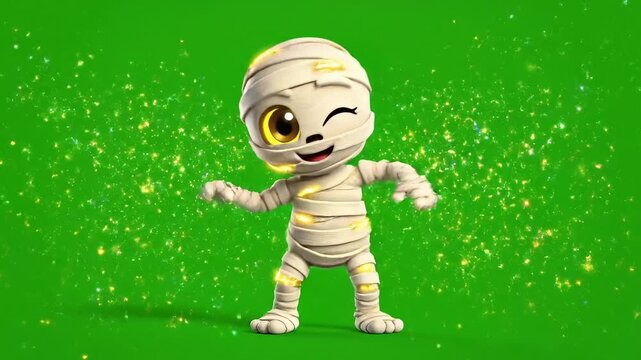 Cute cartoon mummy character dancing with sparkles on green background