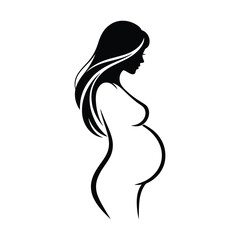Black silhouette of a pregnant woman with long flowing hair black and white female