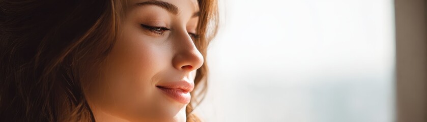 Fototapeta premium A serene close-up of a young woman gazing thoughtfully, capturing a moment of introspection and tranquility.