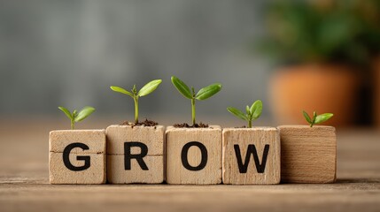 A captivating image featuring wooden blocks spelling "GROW," with small green seedlings emerging from the soil, symbolizing growth and nurturing.
