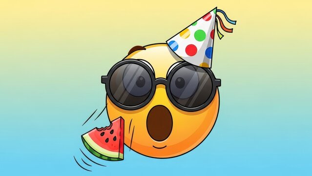 Surprised Emoji Wearing Sunglasses and Party Hat Eating Watermelon.