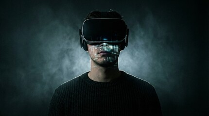 Man immersed in virtual reality headset experiences digital interface projection on face