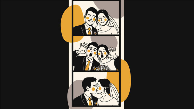 A stylish vector illustration of a wedding couple having fun in a three-strip photobooth session.
