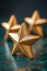 Golden 3D stars standing on teal background, representing achievement, award, success, and excellence, perfect for celebration or business recognition themes.