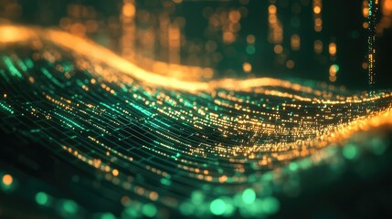 Abstract digital stream showing glowing particles and lines moving in a wave pattern, representing data flow, network communication, and advanced technology concepts