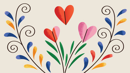 Colorful heart shaped flowers with green stems and leaves on light background