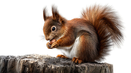 Cute red squirrel eating a nut while sitting on a tree stump isolated on transparent background