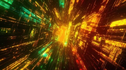 Digital tunnel of glowing lines and interconnected elements visualizing fast data flow, global network connectivity, ai driven information streams and futuristic cyberspace motion