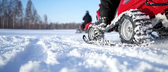 Close-up view of snowmobiles on a snowy landscape during a bright winter day under a clear blue sky