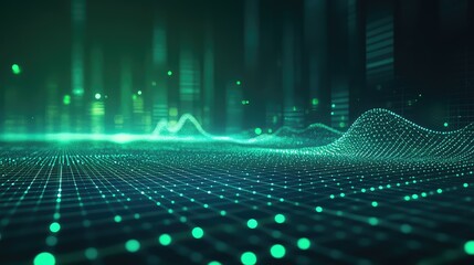 Digital data visualization with glowing green particles forming a flowing network grid, representing interconnected technology and information flow on an abstract background