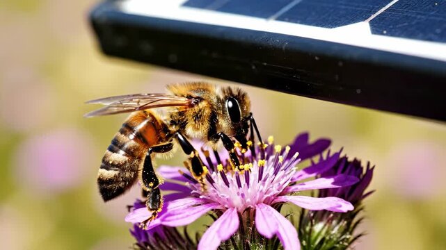 At midday, busy bees flit around colorful flowers beneath a shining solar panel. Nature thrives and creates a lively scene filled with buzzing energy and blooming beauty.