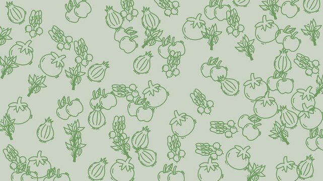 Looping green outline fruits and vegetables seamless pattern animation.