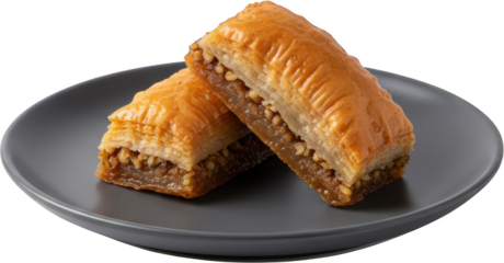 Delicious flaky baklava pastry pieces on a gray plate showcasing layers of phyllo dough filled with nuts and sweet syrup ideal for dessert or sweet treat enthusiasts