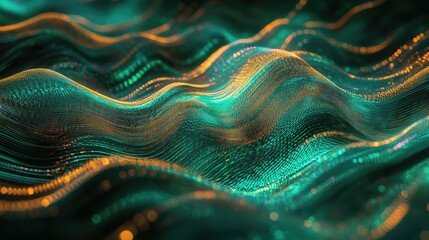 Flowing digital waves of glowing particles and lines form an abstract data network visualization, evoking futuristic technology, sound and dynamic information flow in teal and gold tones