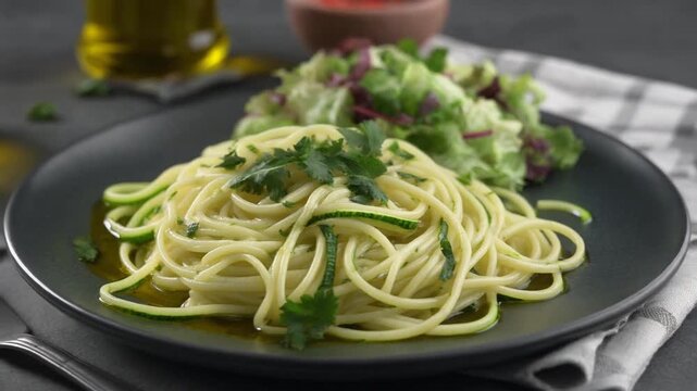 Zucchini-Nudeln mit Kr&auml;utern und Salat