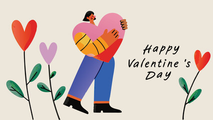 Woman holding big pink heart surrounded by colorful flowers and leaves on valentine's day