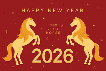 Chinese New Year 2026 illustration. Two horses on red background, symbol of the year. Lunar new year of the horse. Design for background, card, calendar, sticker