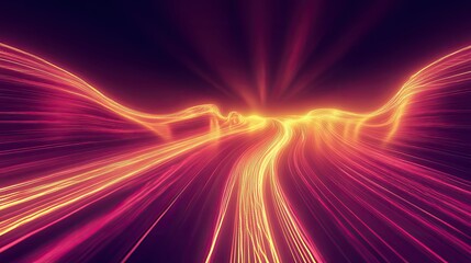 Abstract network illustration showing vibrant glowing lines moving rapidly across a futuristic digital landscape, representing high speed data flow and technological connection