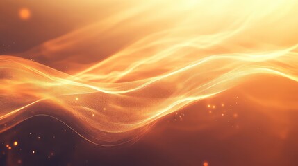 Abstract particle waves creating a vibrant, glowing energy field across a warm gradient background, visualizing concepts of digital information, technology, and connection