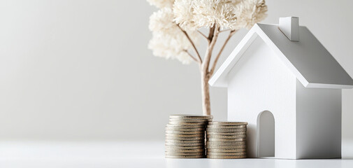 House model with stacked coins symbolizing real estate investment, property value, home savings and financial planning, clean minimal concept for finance and housing business