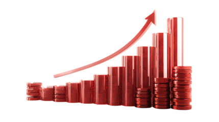 Red 3d bar chart showing upward trend with arrow isolated on transparent background