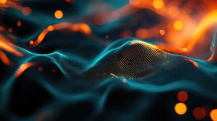 Digital data flowing across a complex network creating abstract wavy patterns with bright teal and orange particles, representing technological advancement and interconnected systems