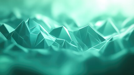 Abstract geometric faceted surface creating a dynamic low poly landscape, featuring sharp angles and soft teal gradient colors, representing data, innovation, and digital concepts