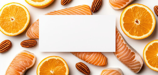 Flat lay composition of fresh salmon, sliced oranges, and nuts with blank copy space. Perfect for healthy food, nutrition, diet, cooking, recipe, and wellness branding visuals.